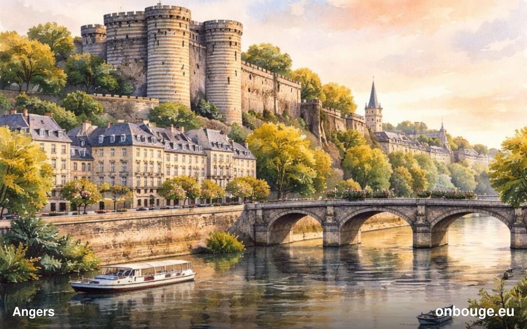 Aquarelle d'Angers, son château et les bords de Maine