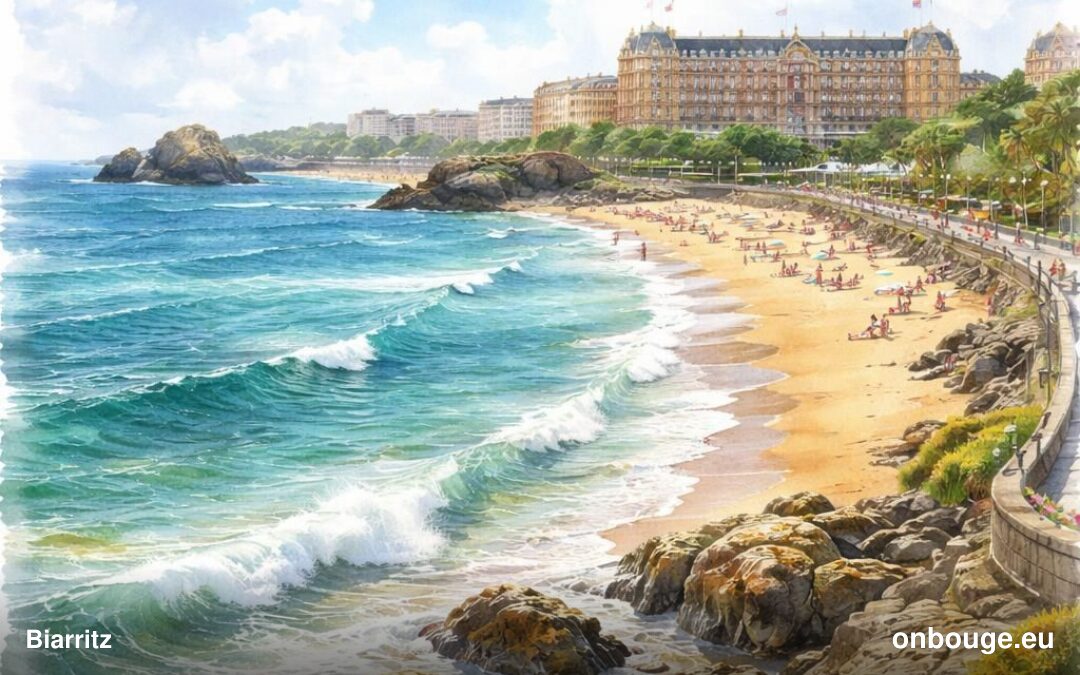 Aquarelle de Biarritz, ses plages de surf et le Rocher de la Vierge