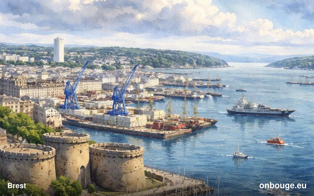 Aquarelle de Brest, son port militaire et sa rade