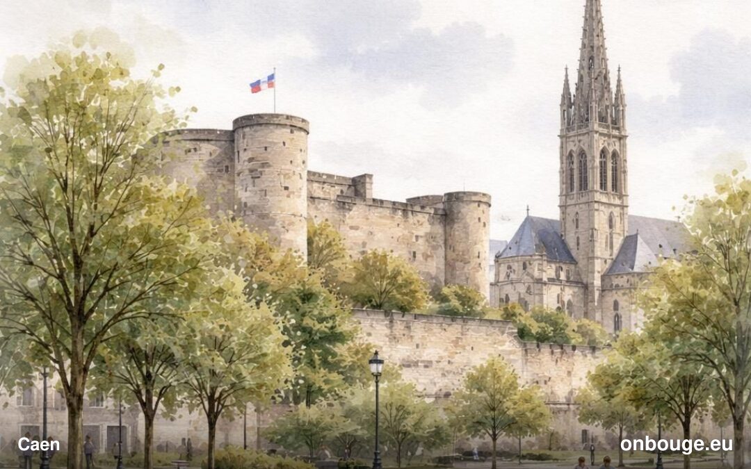 Aquarelle de Caen, préfecture du Calvados, avec son château et ses abbayes normandes