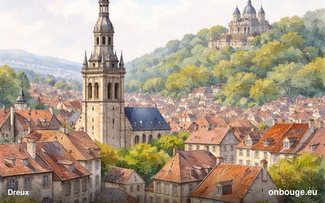 Aquarelle de Dreux, sous-préfecture d'Eure-et-Loir, avec le beffroi Renaissance et la chapelle royale Saint-Louis sur la colline