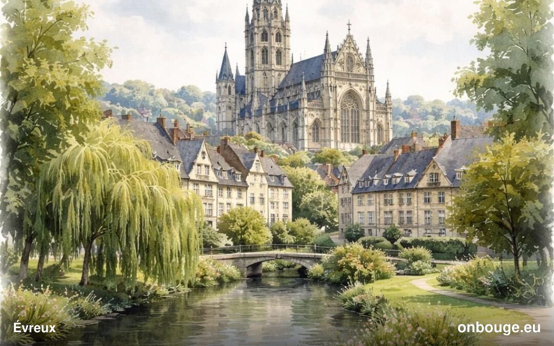Aquarelle d'Évreux, préfecture de l'Eure, avec la cathédrale Notre-Dame, l'Iton et son saule pleureur