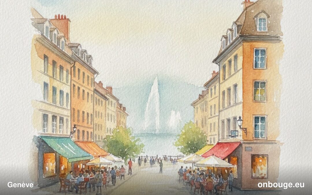 Aquarelle de Genève, avec le Jet d'Eau et le lac Léman dans les Alpes