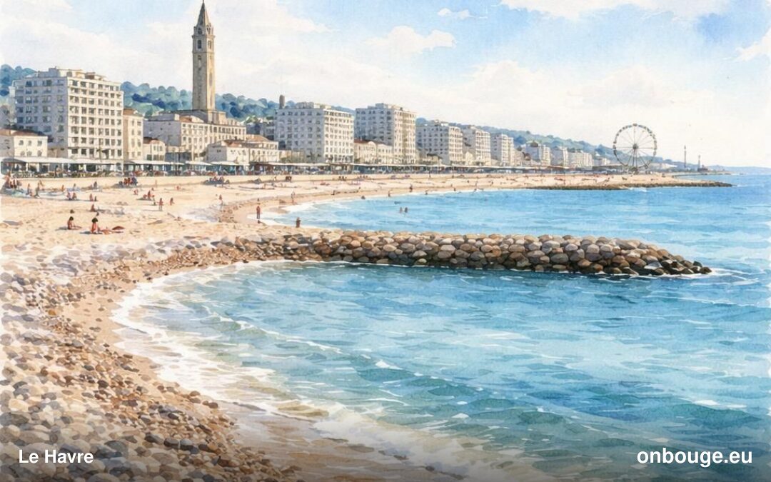 Aquarelle du Havre, grand port sur la Manche, avec son centre reconstruit par Auguste Perret