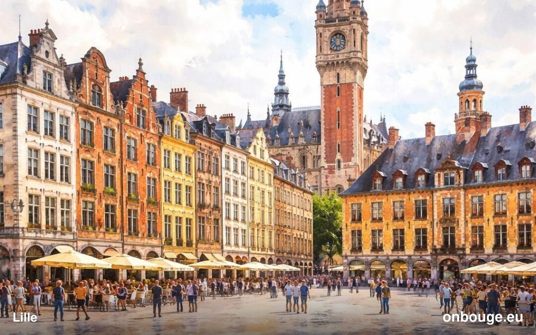 Aquarelle de Lille, sa Grand-Place et ses façades flamandes
