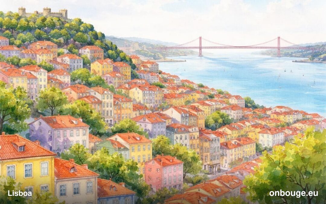 Aguarela de Lisboa, capital de Portugal, com os seus bairros à beira do Tejo
