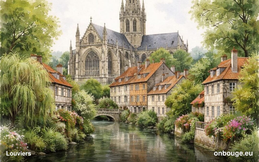 Aquarelle de Louviers, ville de l'Eure traversée par la rivière Eure