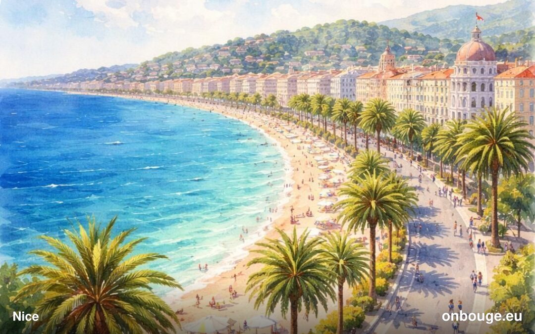 Aquarelle de Nice, la Promenade des Anglais et la baie des Anges