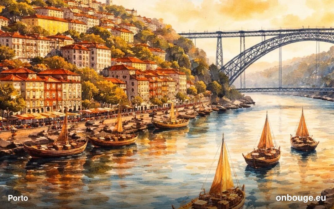 Aguarela do Porto, com as casas à beira do Douro e a Ponte Dom Luís I