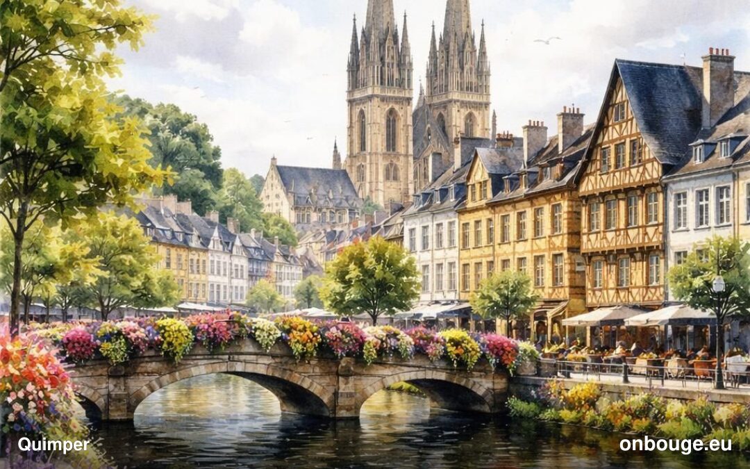 Aquarelle de Quimper, sa cathédrale et ses maisons à pans de bois au bord de l'Odet