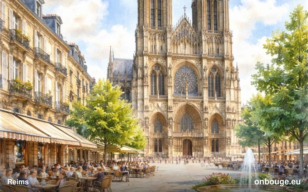 Aquarelle de Reims, sa cathédrale gothique des sacres