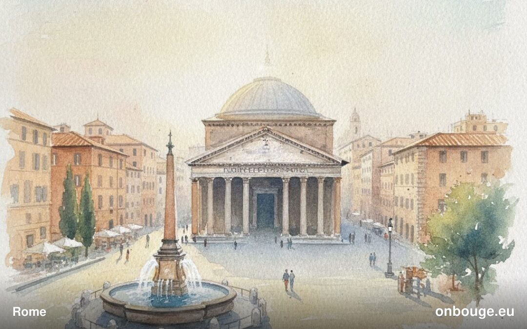 Aquarelle de Rome, capitale de l'Italie, avec le Colisée et ses monuments antiques