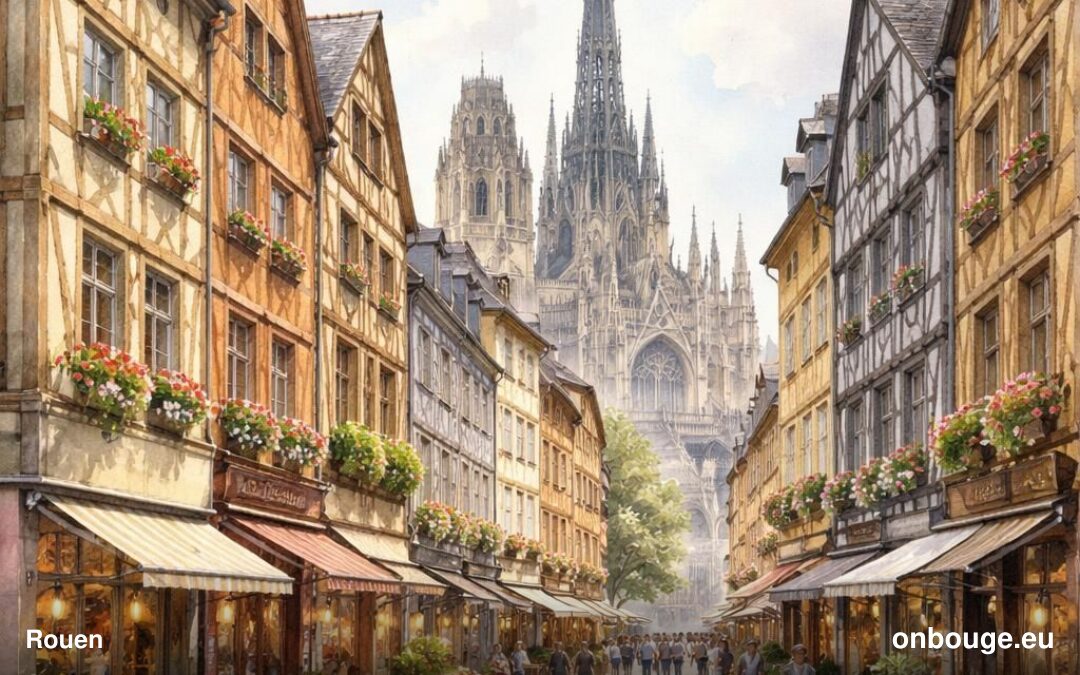 Aquarelle de Rouen, capitale de la Normandie, avec sa cathédrale et ses maisons à colombages au bord de la Seine