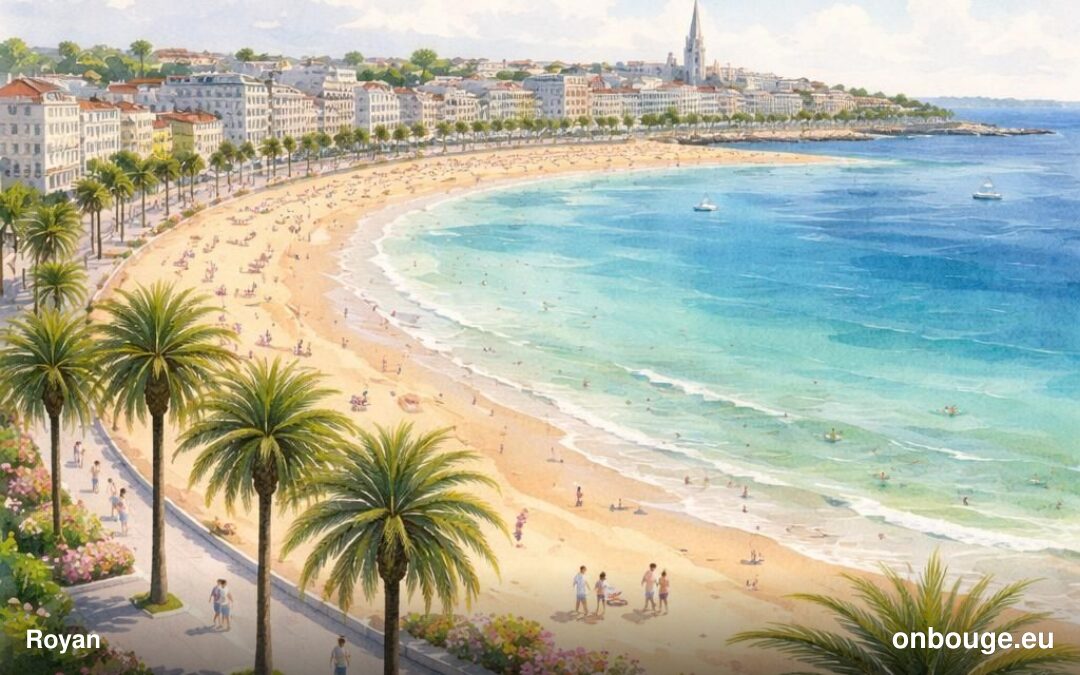 Aquarelle de Royan, sa grande plage en arc et son architecture des années 50