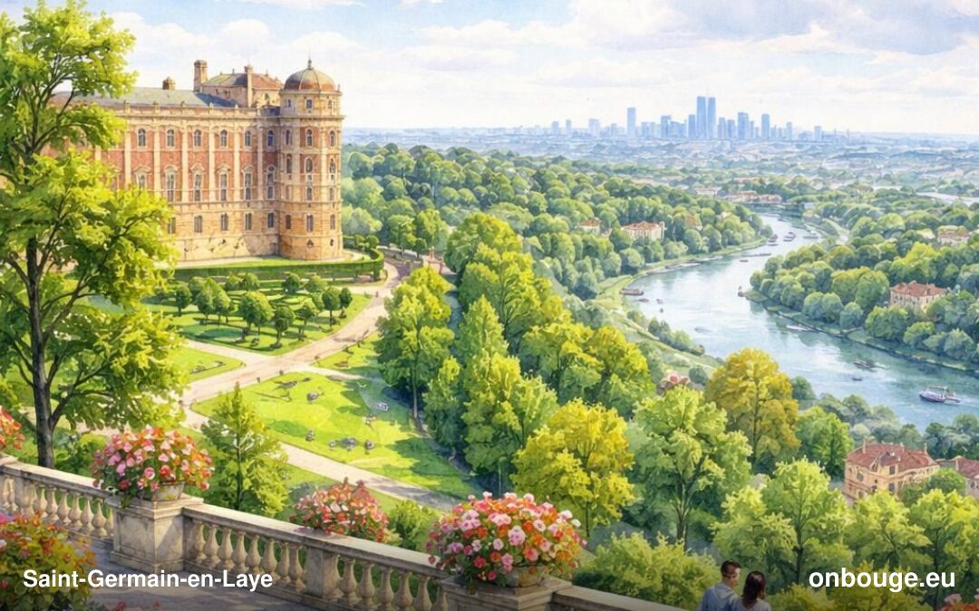 Aquarelle de Saint-Germain-en-Laye, son château et sa terrasse au-dessus de la Seine