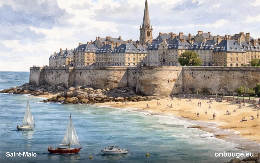 Aquarelle de Saint-Malo, ses remparts et la cité corsaire face à la mer