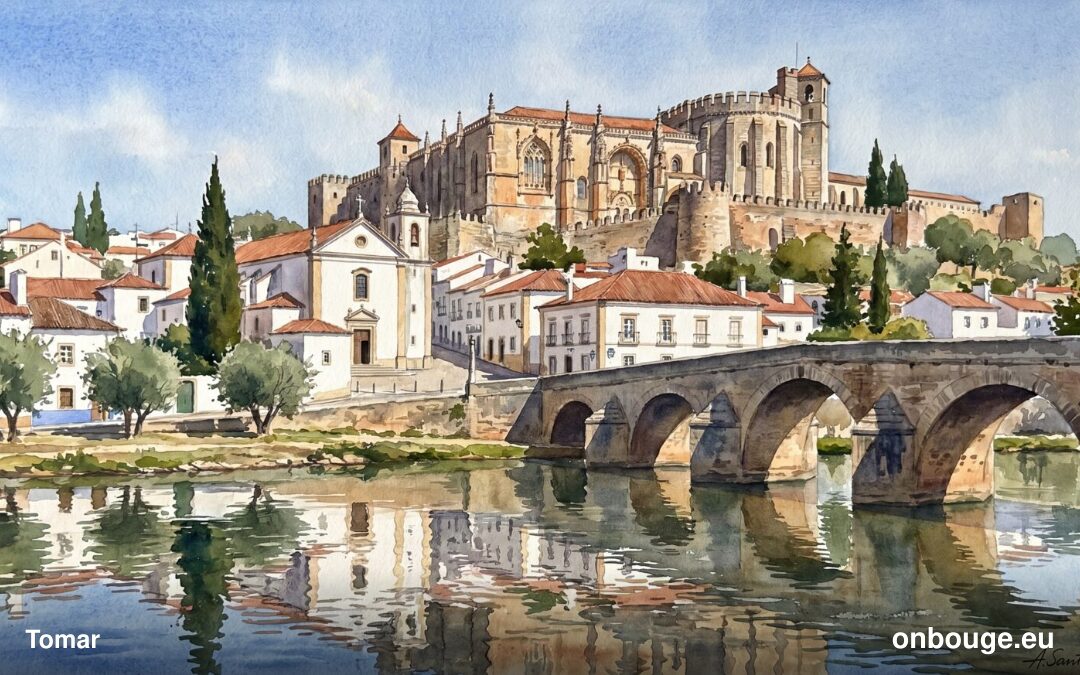 Aguarela de Tomar, cidade dos Templários, com o Convento de Cristo e o rio Nabão