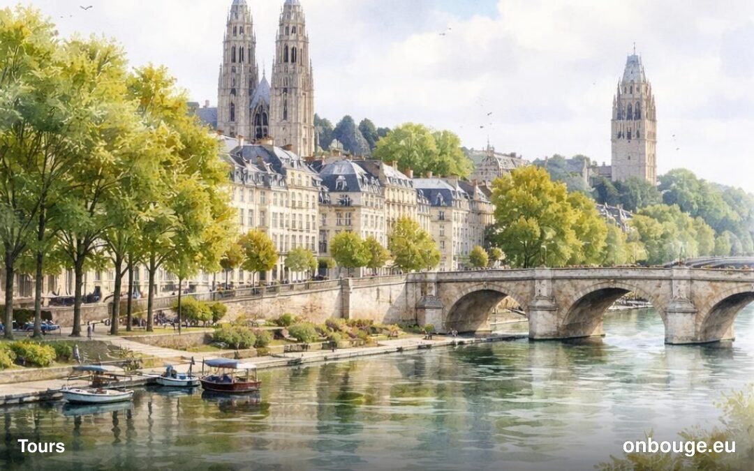 Aquarelle de Tours, ses bords de Loire et le Vieux-Tours