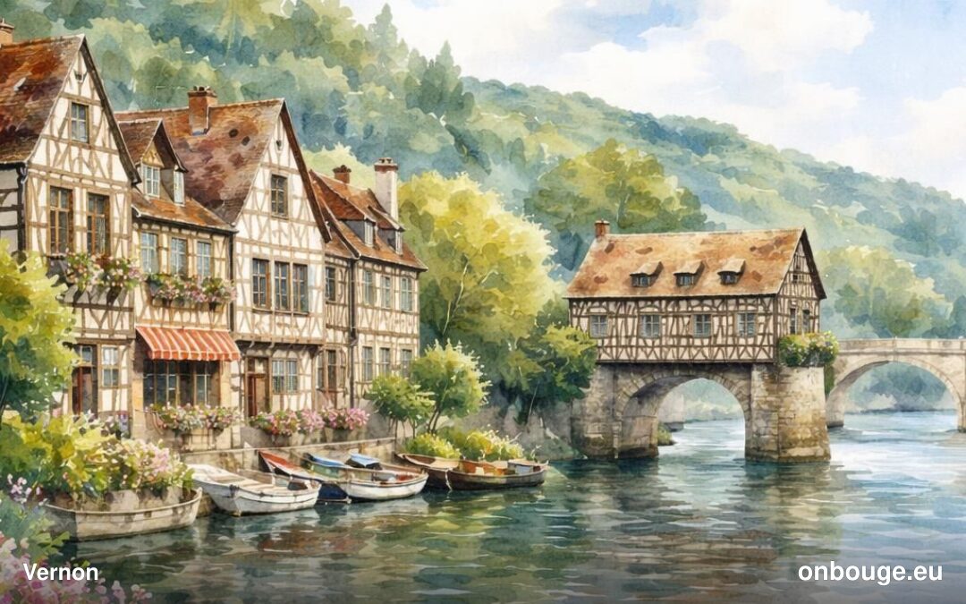 Aquarelle de Vernon, ville de l'Eure au bord de la Seine, avec ses maisons à colombages et ses quais