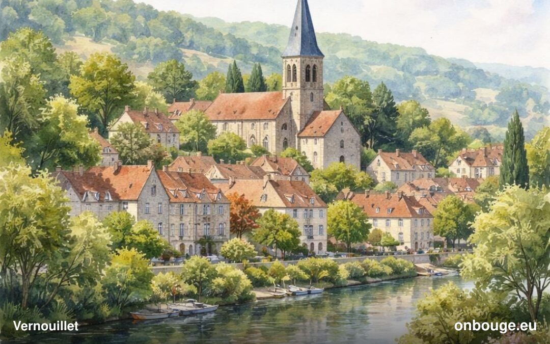 Aquarelle de Vernouillet (78), son église et les bords de Seine