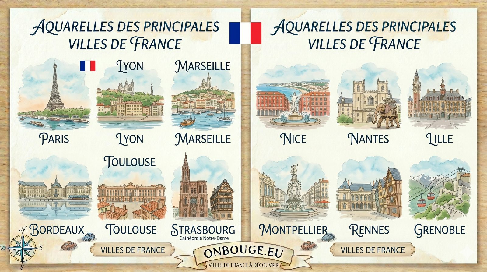 Aquarelles des principales villes